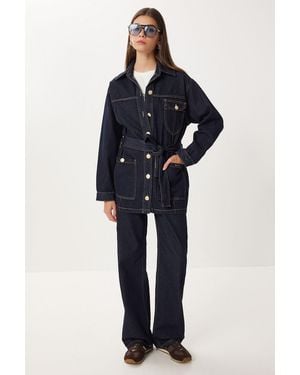 Happiness İstanbul Belted Denim Jacket And Wide Leg Trousers Two-Piece Set - Blue