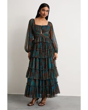 Warehouse Abstract Print Cut Out Gathered Tulle Maxi Dress With Tiers - Blue