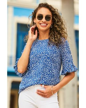 Sosandar Animal Print Ruffle Sleeve Top - Blue