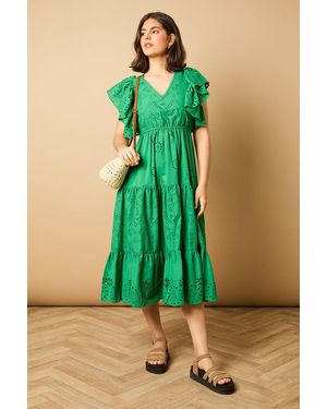 Oasis Petite Broderie V Neck Angel Sleeve Maxi Dress - Green