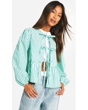 Boohoo Stripe Tie Front Puff Long Sleeve Smock Top - Blue