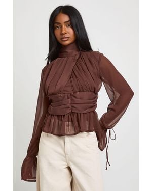 Boohoo Gathered Blouson Sleeve Blouse - Brown