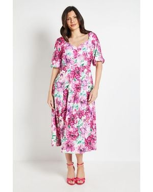 Wallis Floral Ottoman Twill Puff Sleeve Midi Dress - Pink