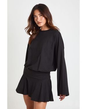 Boohoo Long Sleeve Cinched Waist Skater Tshirt Dress - Black