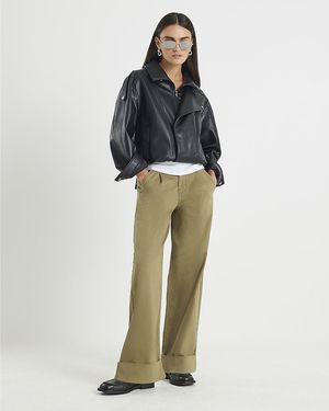 River Island Trousers Twill Pleated Straight Leg Cotton - Green