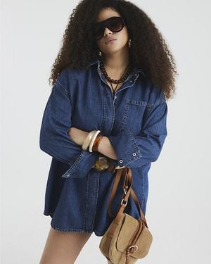 River Island Shirt Mini Dress Denim Oversized Collared Cotton - Blue