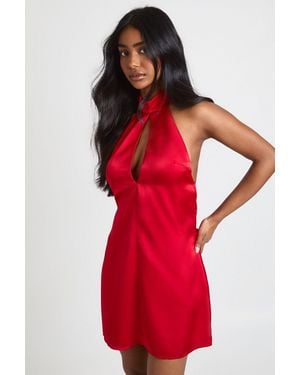 Boohoo Satin High Neck Shift Dress - Red