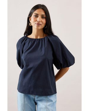 Wallis Puff Sleeve Cotton Poplin Top - Blue