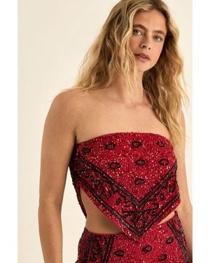 Nasty Gal Paisley Border Hand Embellished Hanky Hem Top - Red