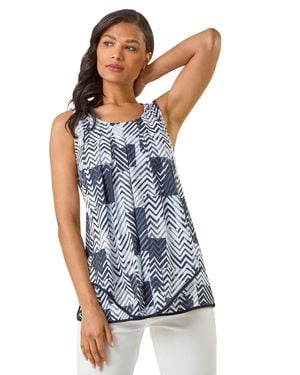 Roman Mono Print Hanky Hem Top - Blue