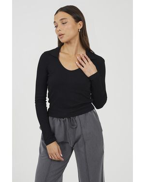 Brave Soul Ribbed V-Neck Collared Top - Black