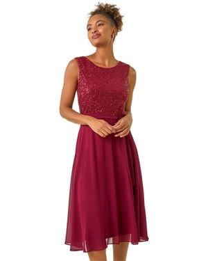 Roman Sequin Bodice Belted Chiffon Dress - Red