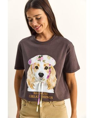 Bianco Lucci Sequin Printed Crew Neck T-Shirt - Brown