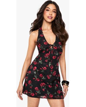 Boohoo Floral Satin Tie Front Mini Dress - Black