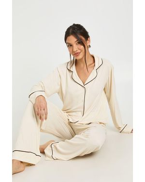 Boohoo Soft Rib Piping Detail Long Sleeve Shirt & Trouser Pyjama Set - Natural