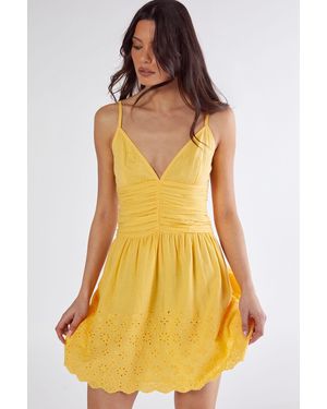 Nasty Gal Cotton Ruched Button Broderie Hem Strappy Mini Dress - Yellow