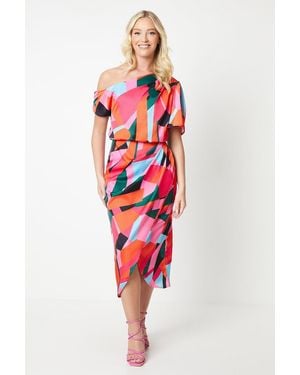 Debut London By Coast Fallen Shoulder Printed Midi Dress - Red