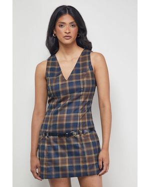 Warehouse Check V Neck Belted Pinafore Mini Dress - Blue