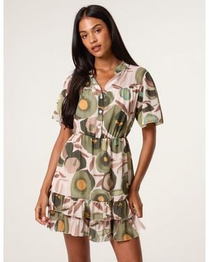 Blue Vanilla Printed Button Up Tiered Short Sleeve Dress - Brown