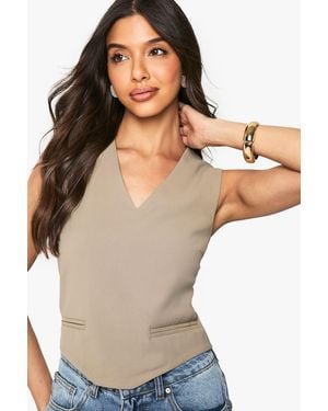 Boohoo Woven Curved Hem Crop Top - Natural