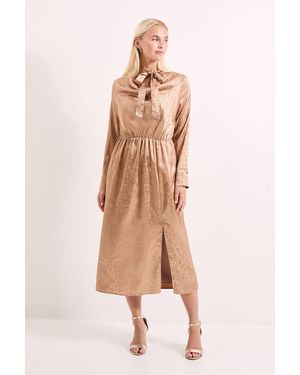 PRINCIPLES Camel Cowl Tie Neck Satin Jacquard Midi Dress - Natural