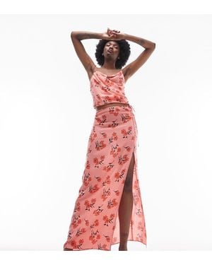 TOPSHOP Co-Ord Cherry Blossom Split Maxi Skirt - Red