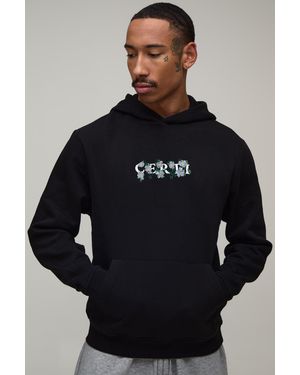 BoohooMAN Regular Floral Chest Embroidered Hoodie - Blue