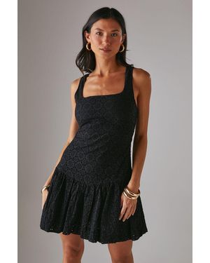 Warehouse Broderie Puff Ball Mini Dress - Black