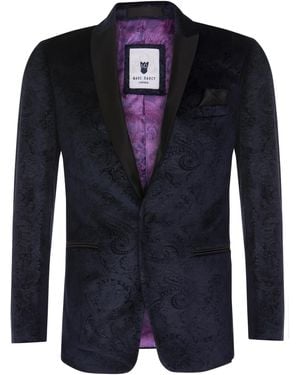 Infinity Leather Velvet Paisley Blazer Dinner Jacket - Blue