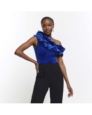 River Island Asymmetric Top Velvet Ruched - Blue