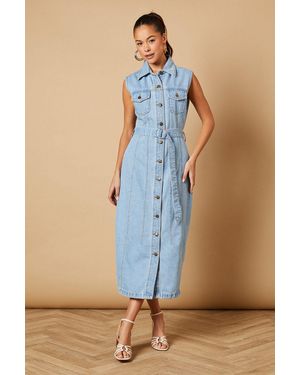 Oasis Belted Waist Pocket Detail Midi Dress - Blue