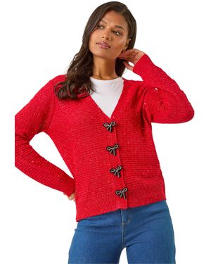 Roman Bow Embellished Sequin Knit Cardigan - Red