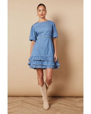 Oasis Short Puff Sleeve Detail Mini Dress - Blue