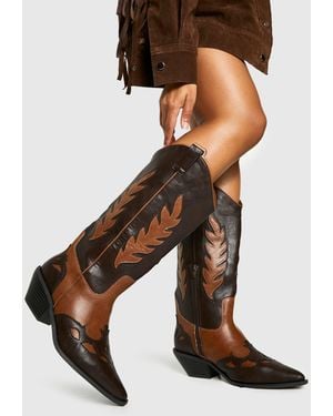 Boohoo Wide Fit Low Heel Contrast Western Cowboy Boot - Black