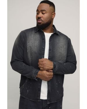 BoohooMAN Plus Regular Fit Spray Washed Paint Splatter Denim Shirt - Grey