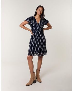 Blue Vanilla Polka Dot Mesh Frill Sleeve Wrap Dress With Tie Waist - Blue