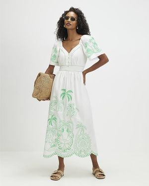 River Island Maxi Dress Cotton Palm Embroidered - Green