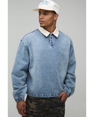 BoohooMAN Embroidered Washed Oversized Denim Rugby Shirt - Blue