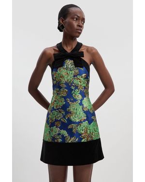 Karen Millen Tall Velvet And Jacquard Contrast Halterneck Tailored Mini Dress - Green