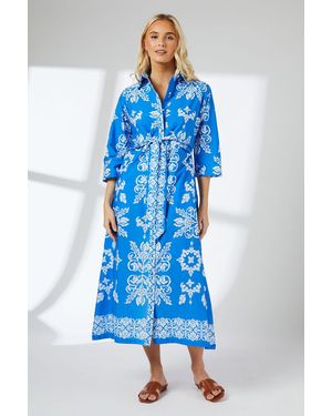 PRINCIPLES Tile Print Tie Front Midi Shirt Dress Cotton - Blue