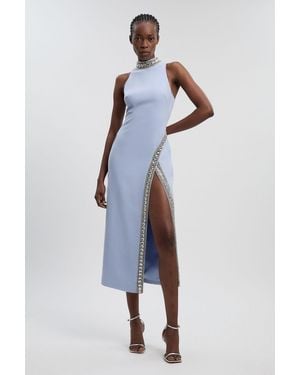 Karen Millen Crystal Embellished Woven Thigh Split Maxi - Blue