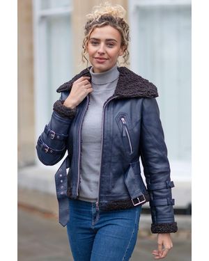 Ashwood Leather '2420' Ladies Aviator Jacket With Oversized Fur Collar - Blue