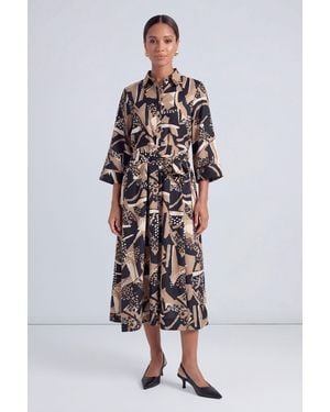 PRINCIPLES Abstract Print Belted Button Shirt Midi Dress - White