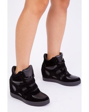 Where's That From Hitop Wedge Trainers With A Front Lace Up And Velcro - Black