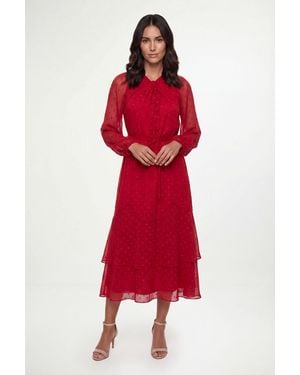 Wallis Printed Metallic Twist Neck Midi Dress - Red