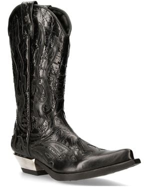 New Rock Flame Accented Leather Biker Cowboy Boots- M-7921-S1 - Black