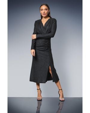 PRINCIPLES Ruched Front Wrap Neck Glitter Jersey Midi Dress - Blue