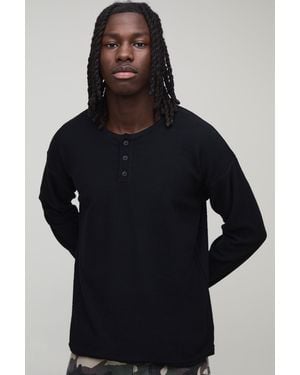 BoohooMAN Regular Fit Henley Fine Knitted Long Sleeve T-Shirt - Blue