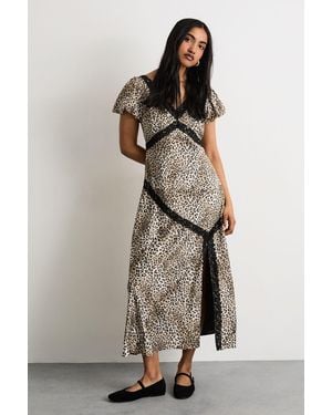 Warehouse Polkadot Puff Sleeve Lace Trim Midi Dress With Split - Multicolour