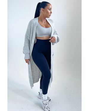 Femme Luxe Knitted Long Sleeve Pocket Detail Ribbed Cardigan - Blue